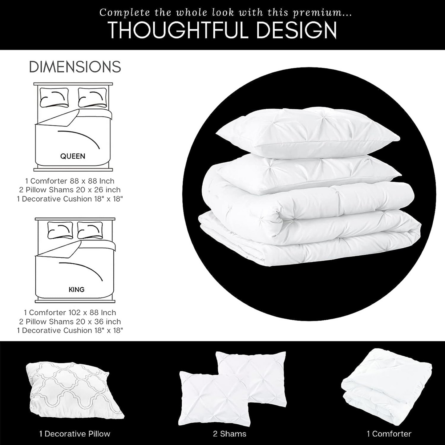 White Pinch Pleated 4 Piece Bedding Comforter Set