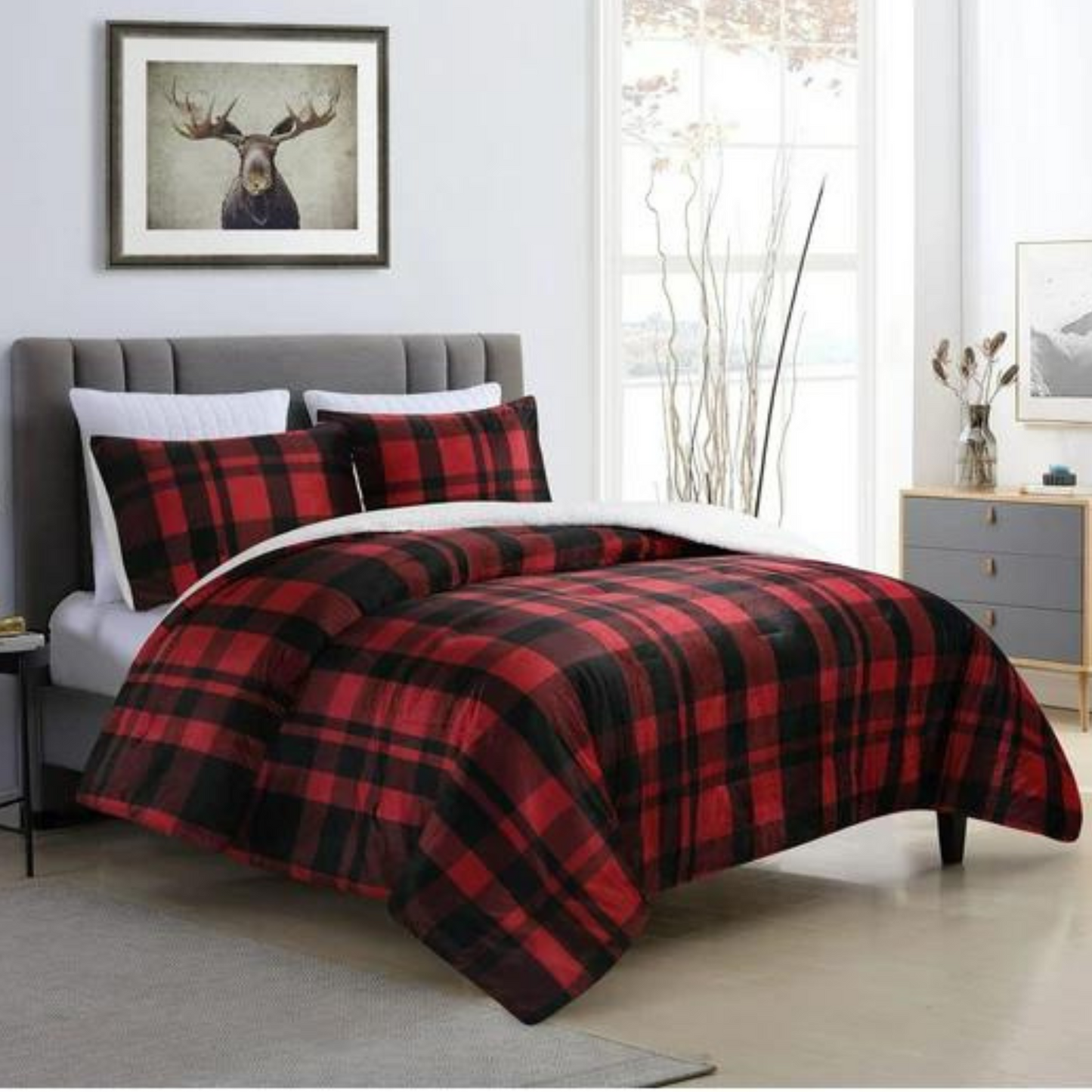 Red/Black Plaid Sherpa 3 Piece Comforter Set