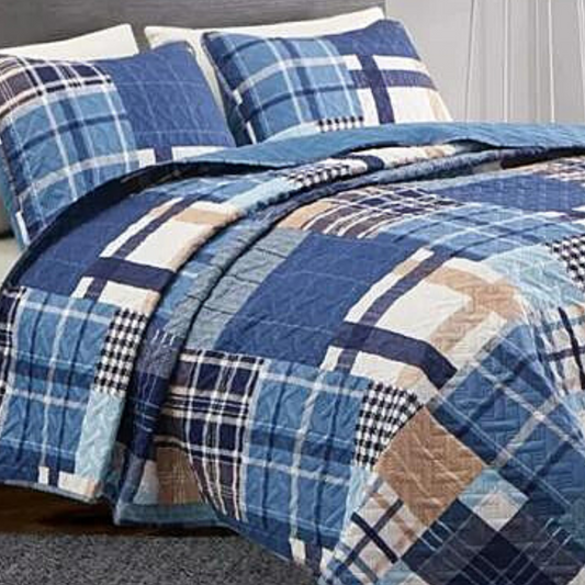 Rustic Blue Plaid Patchwork 3 Piece Quilt Set
