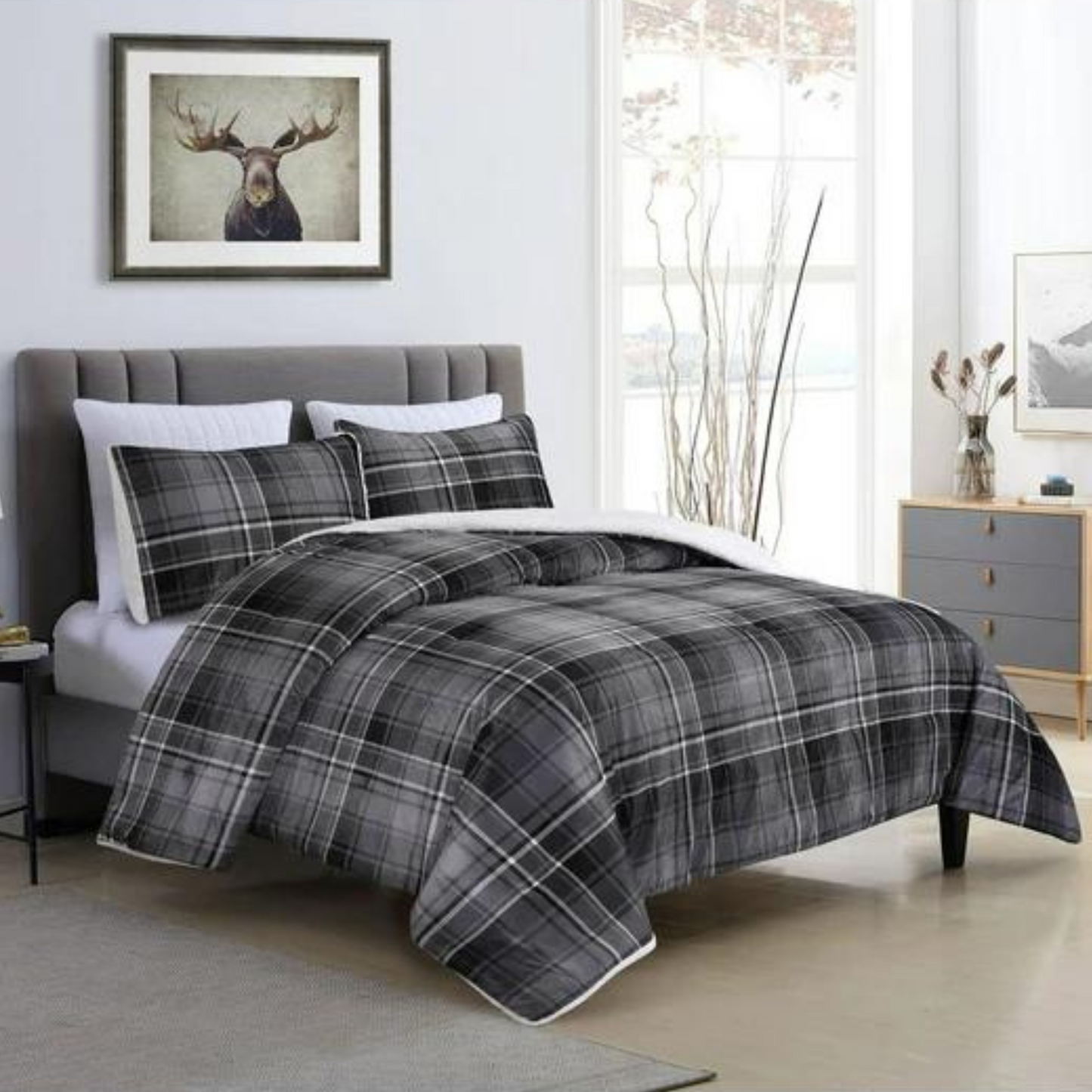 Black/Grey Plaid Sherpa 3 Piece Comforter Set