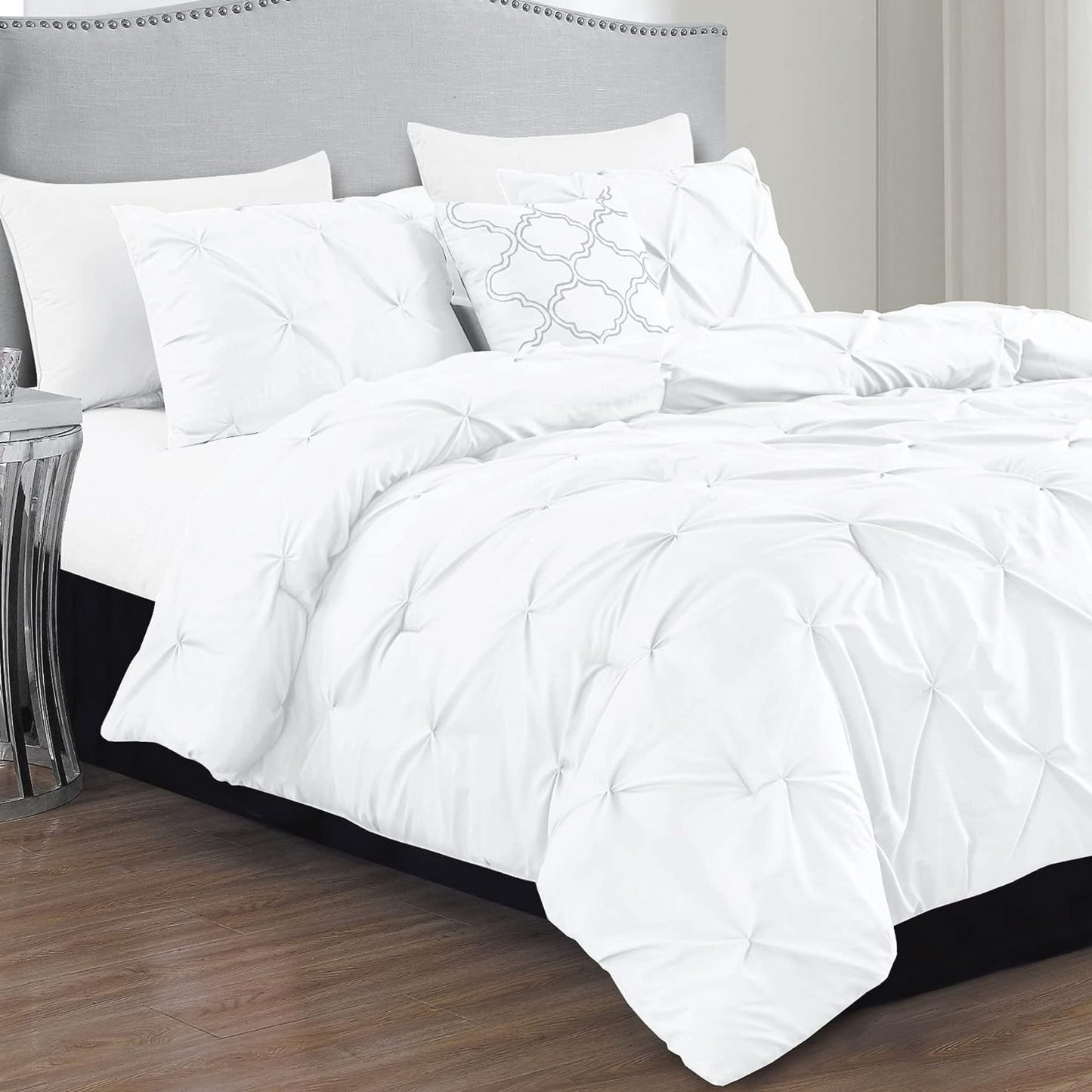 White Pinch Pleated 4 Piece Bedding Comforter Set