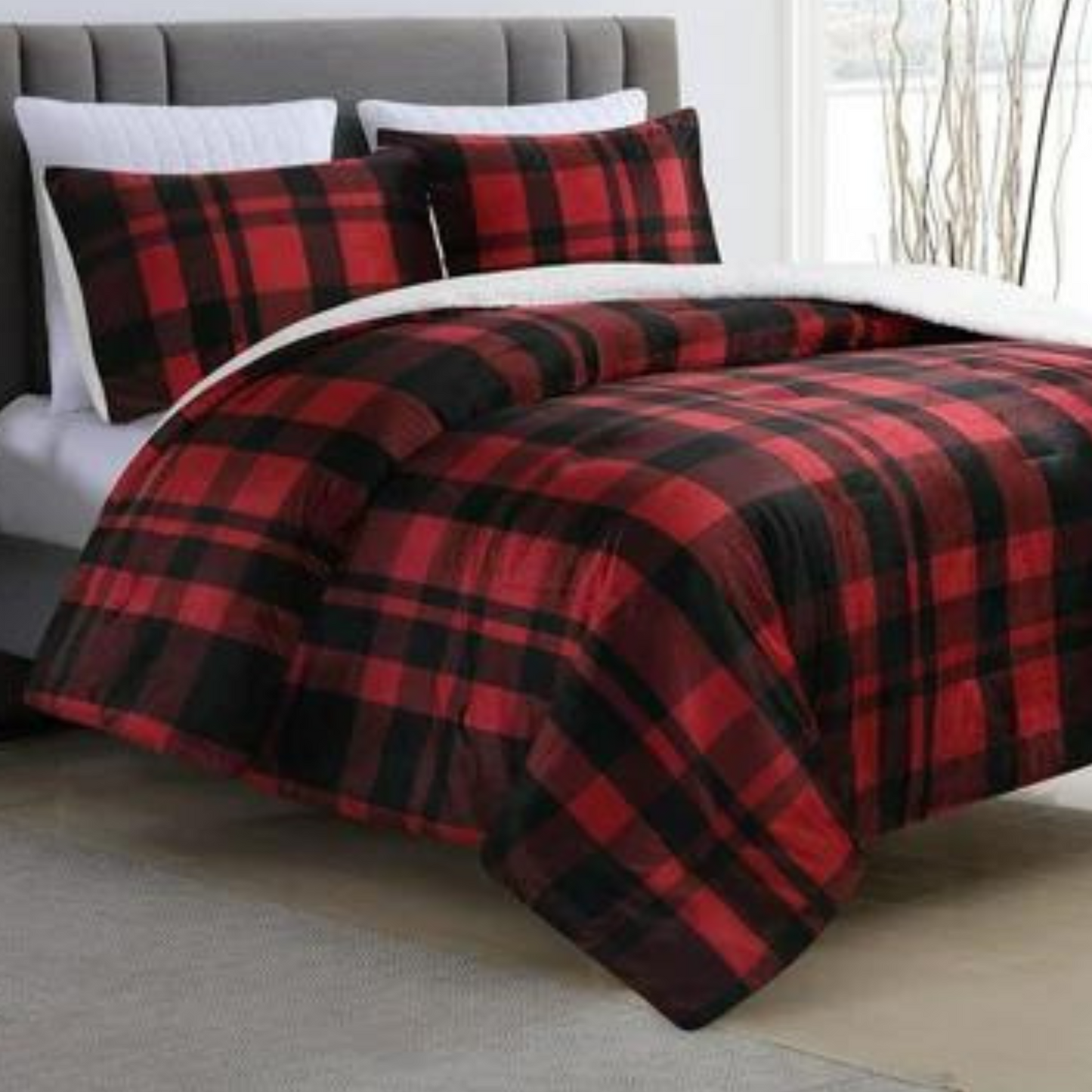 Red/Black Plaid Sherpa 3 Piece Comforter Set