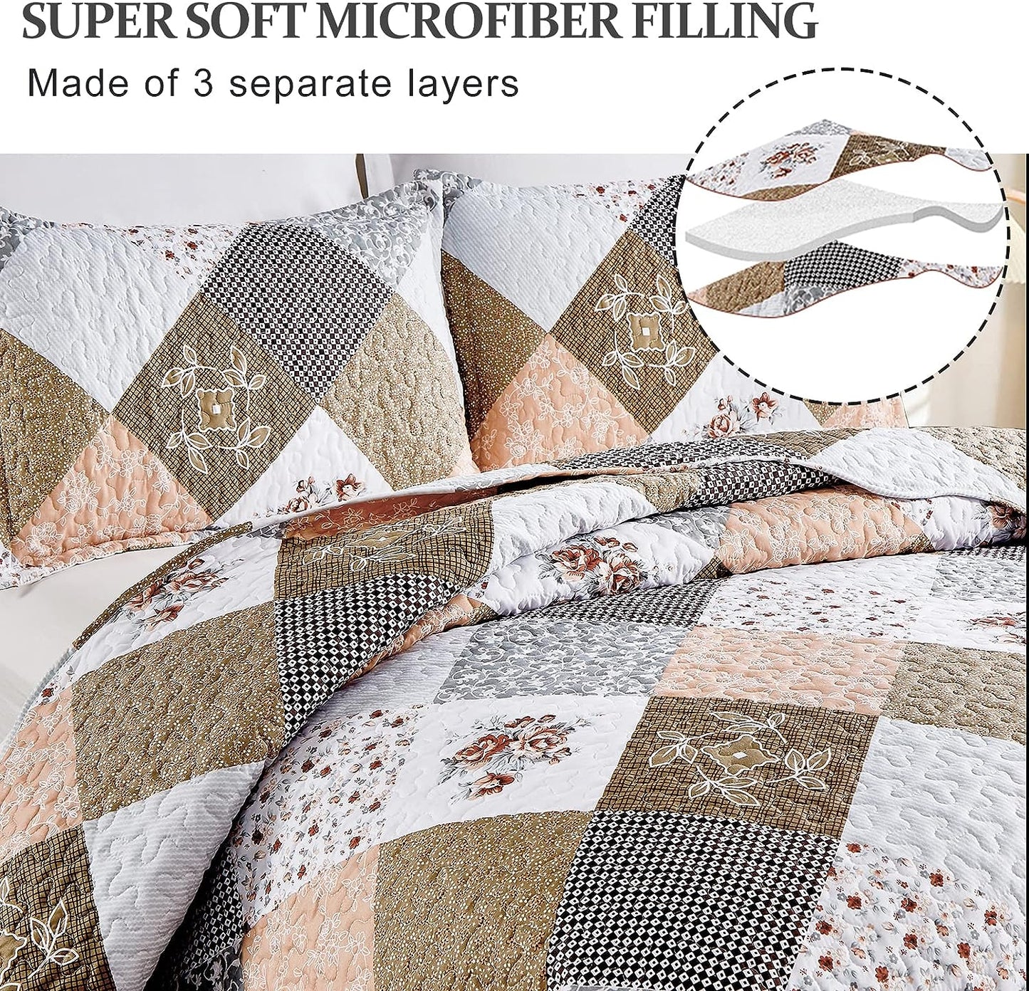 Brown Floral Patchwork 3 Piece Bedding Quilt Set