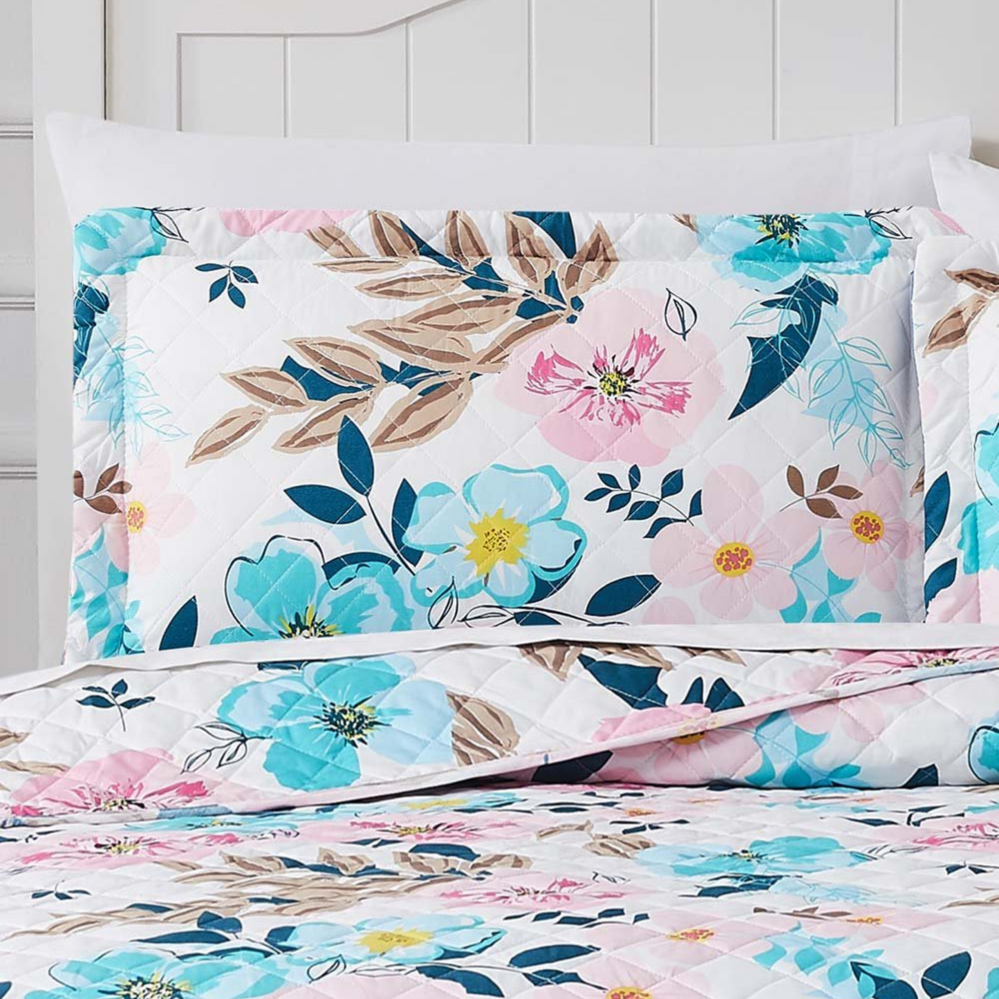 Ensemble de courtepointe réversible 3 pièces à fleurs roses et bleues