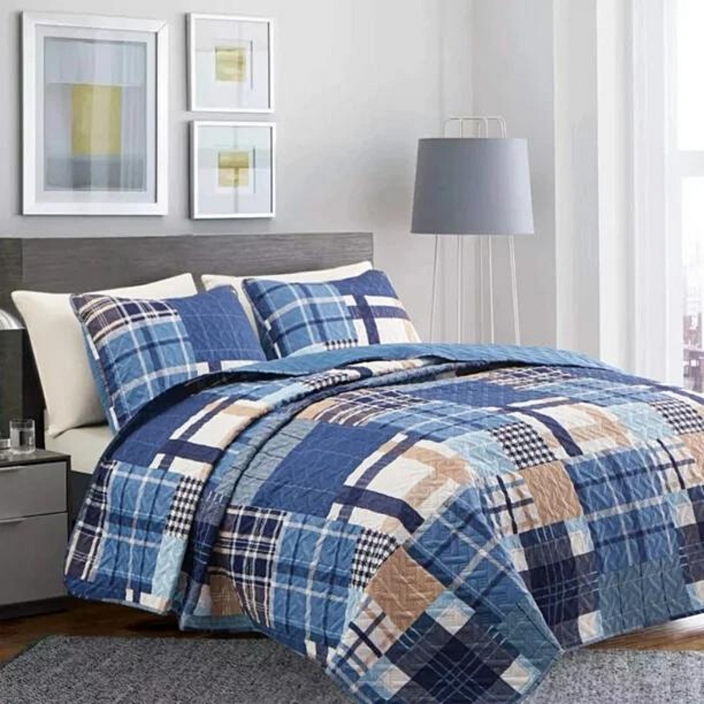 Rustic Blue Plaid Patchwork 3 Piece Quilt Set