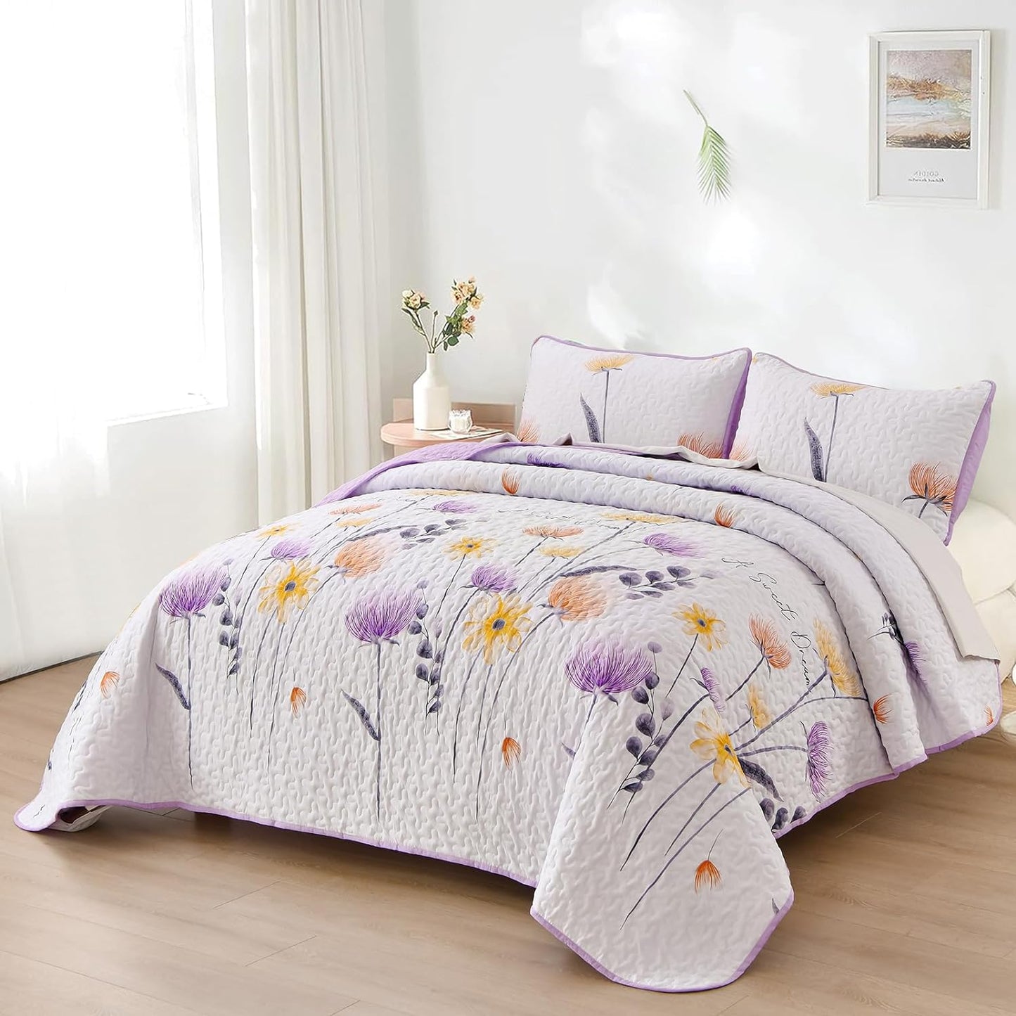Purple & Yellow Floral 3 Piece Bedding Quilt Set