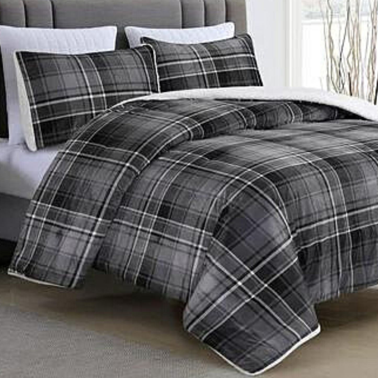 Black/Grey Plaid Sherpa 3 Piece Comforter Set