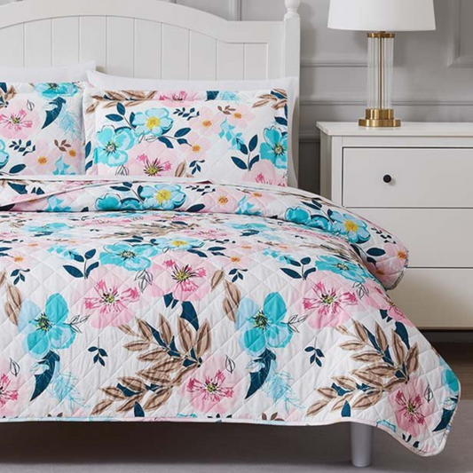Pink & Blue Floral Blooms Reversible 3 Piece Quilt Set