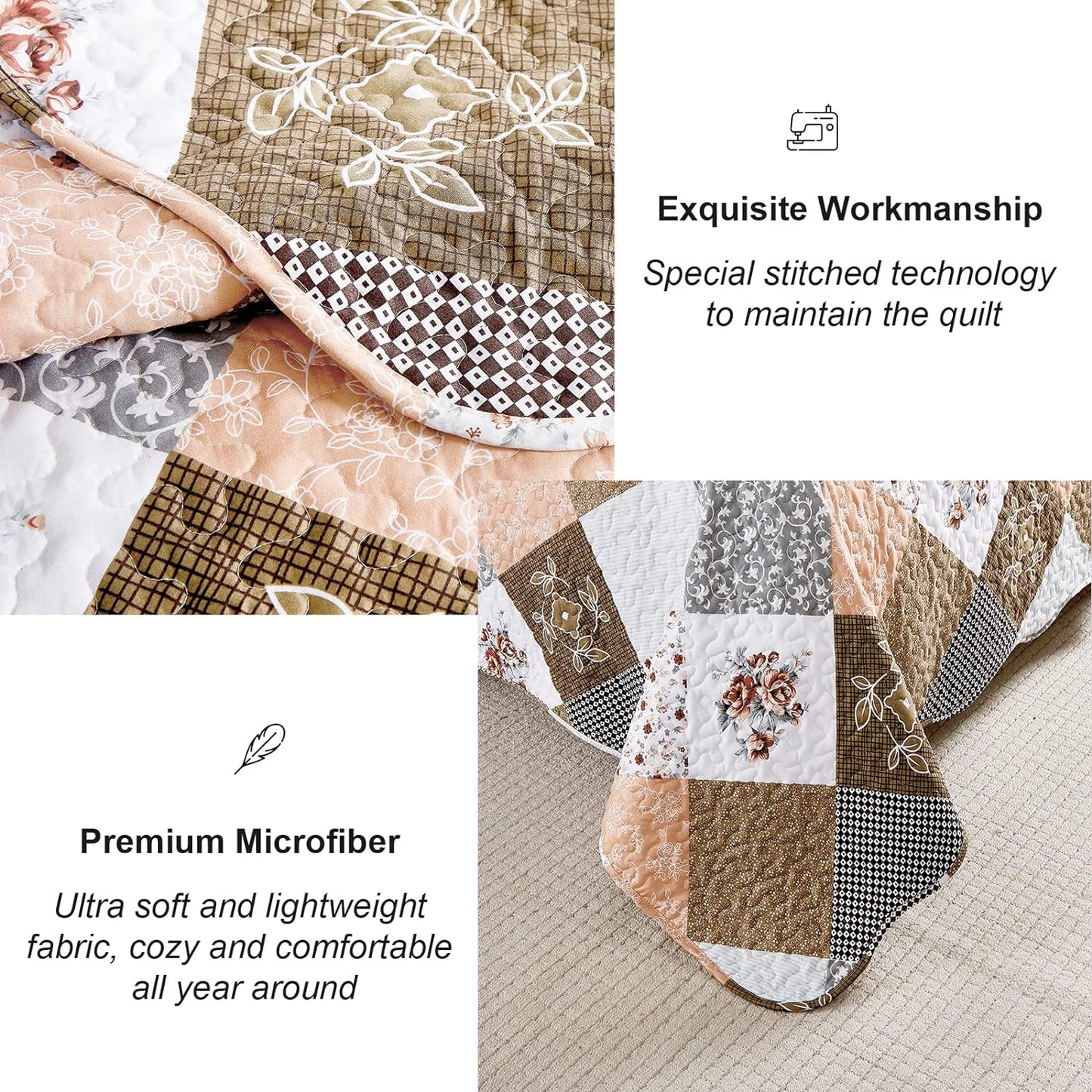 Ensemble de literie 3 pièces patchwork floral marron