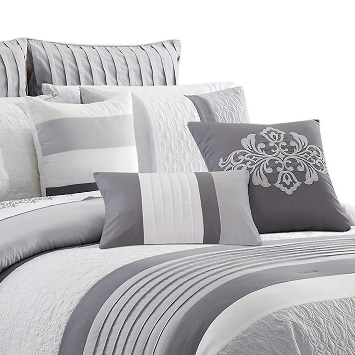 Grey 7 Piece Comforter Set (Includes 3 Cushions)