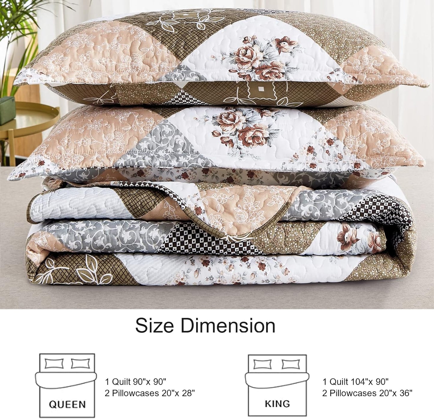 Brown Floral Patchwork 3 Piece Bedding Quilt Set