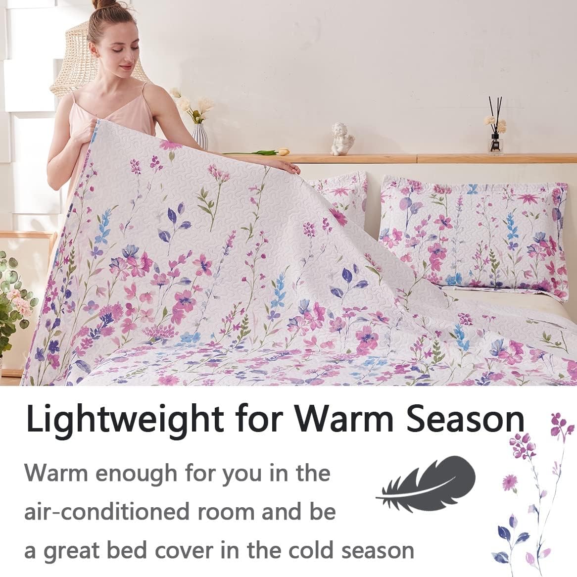 Purple / Blue Floral 3 Piece Bedding Quilt Set