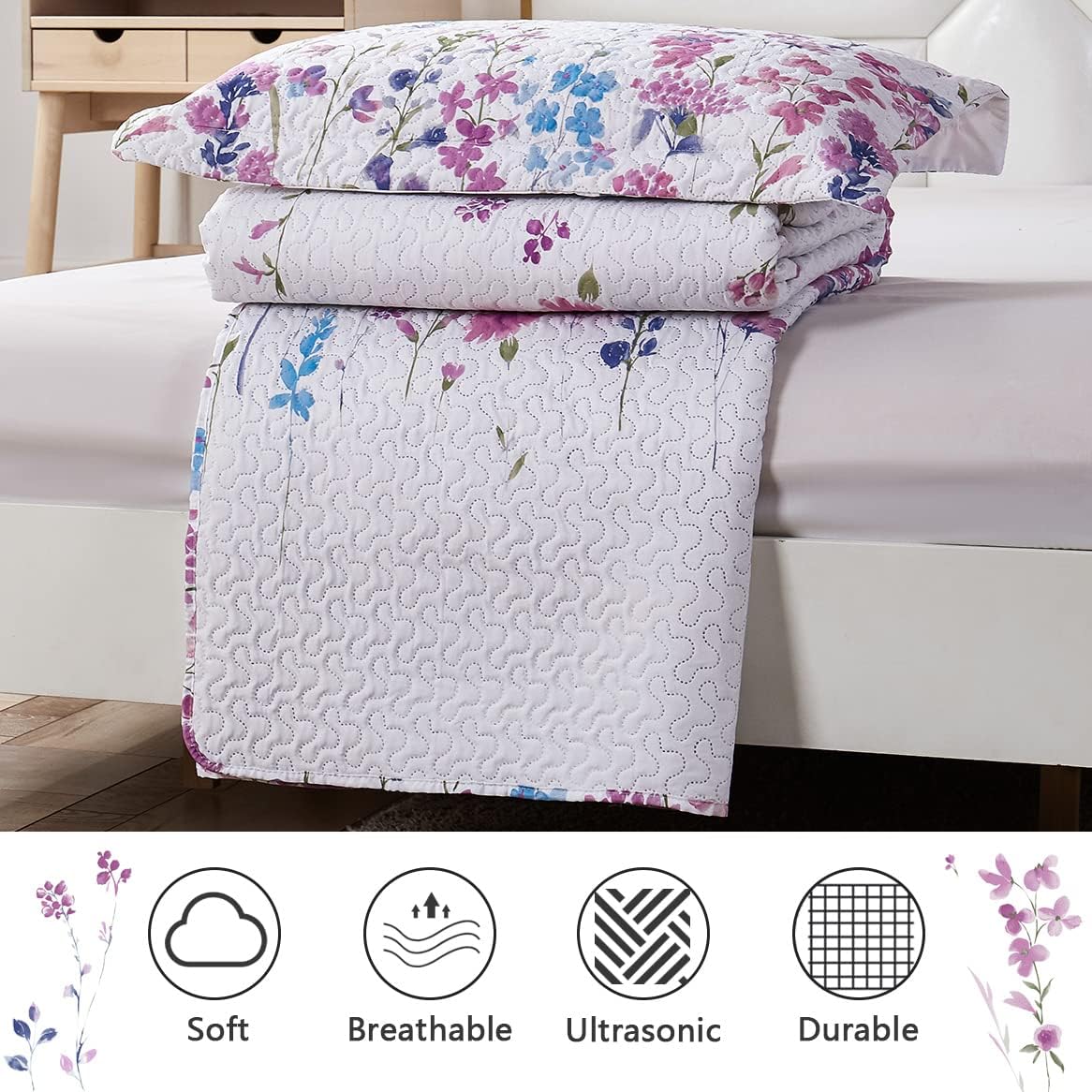 Purple / Blue Floral 3 Piece Bedding Quilt Set