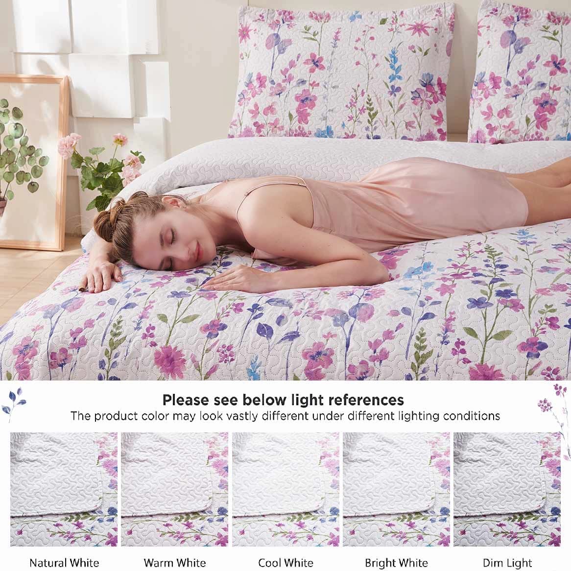 Purple / Blue Floral 3 Piece Bedding Quilt Set