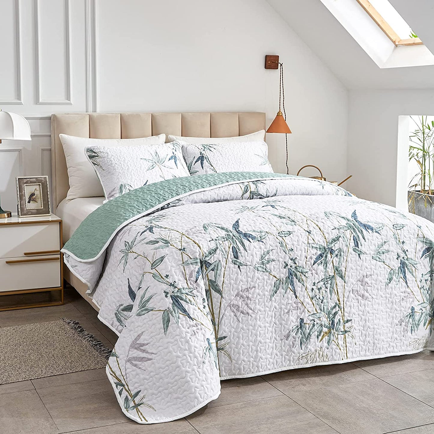 Botanical Green Leaves Reversible 3 Piece Bedding Quilt Set