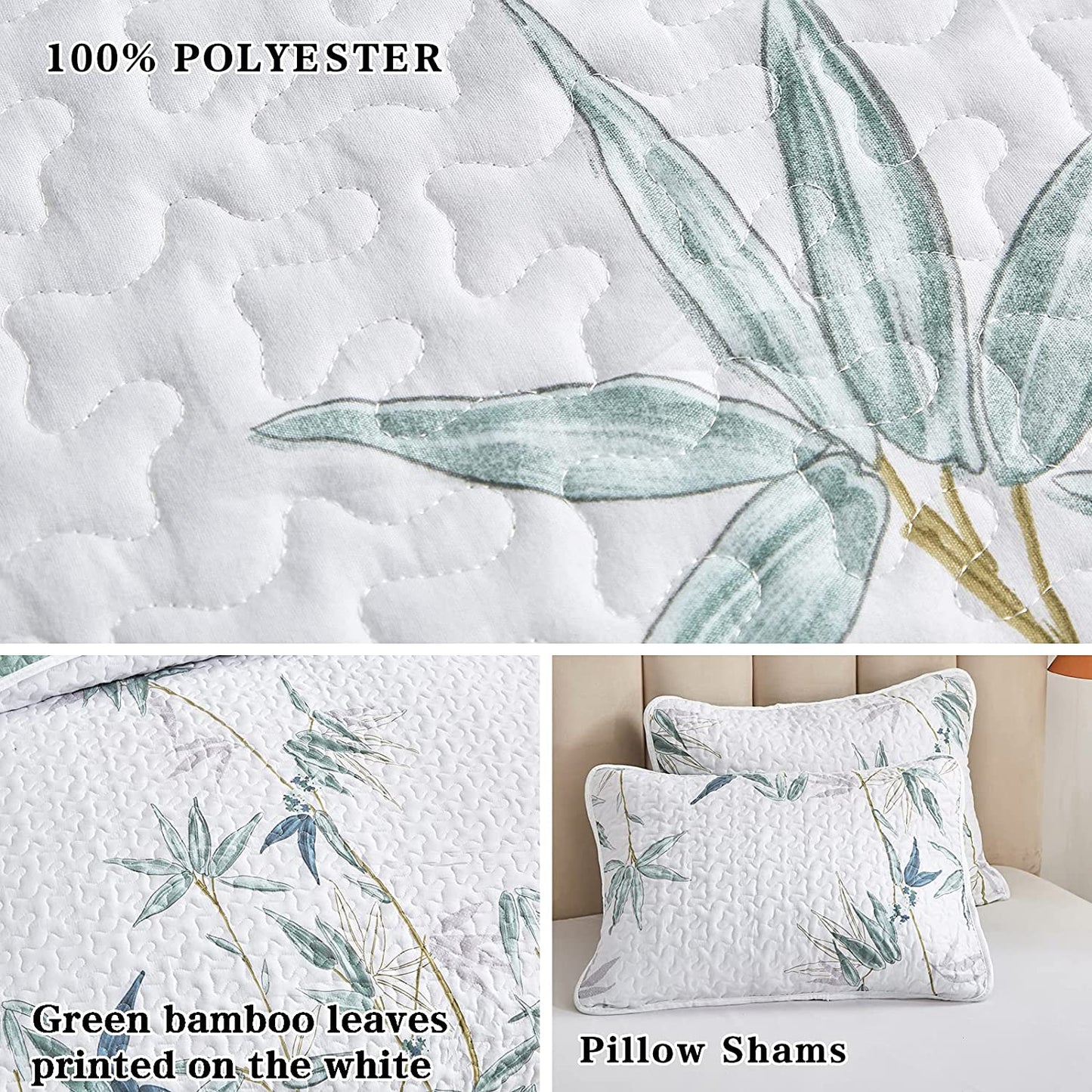 Botanical Green Leaves Reversible 3 Piece Bedding Quilt Set