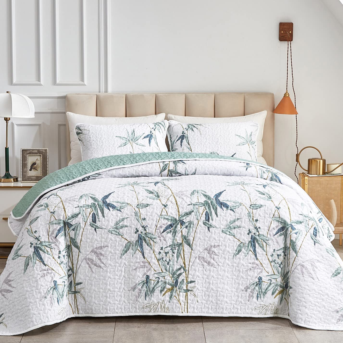 Botanical Green Leaves Reversible 3 Piece Bedding Quilt Set