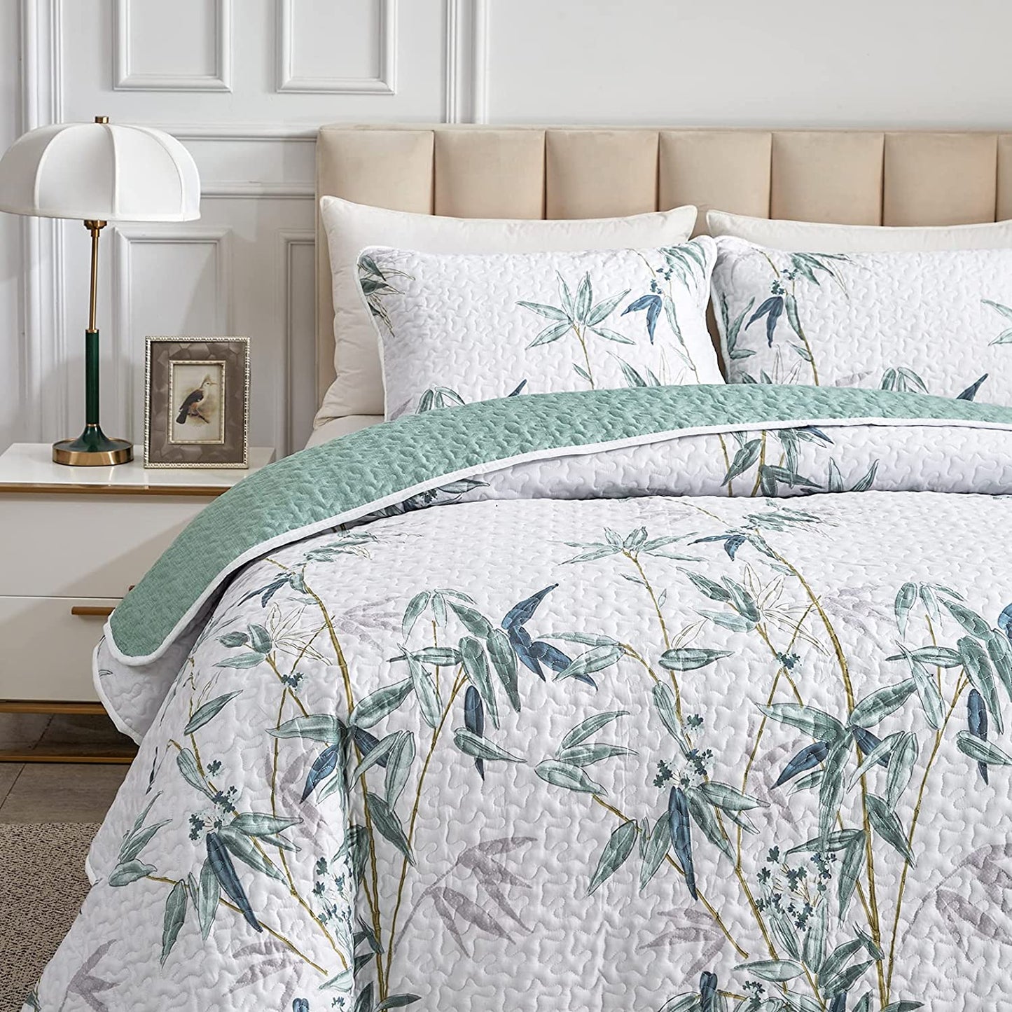 Botanical Green Leaves Reversible 3 Piece Bedding Quilt Set