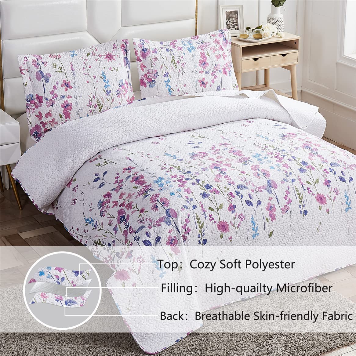 Purple / Blue Floral 3 Piece Bedding Quilt Set