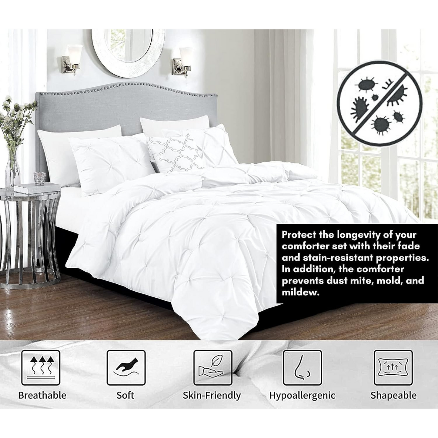 White Pinch Pleated 4 Piece Bedding Comforter Set
