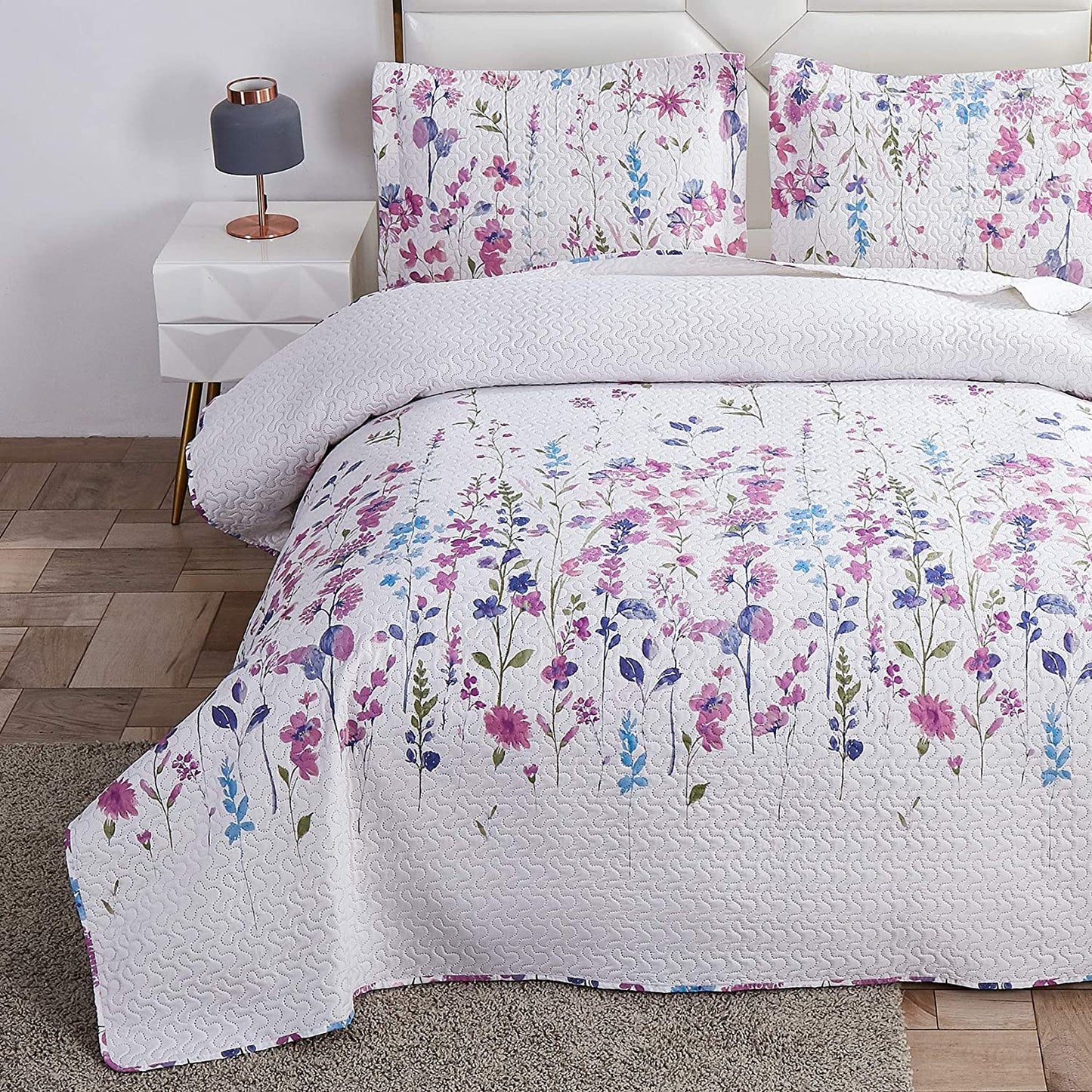 Purple / Blue Floral 3 Piece Bedding Quilt Set