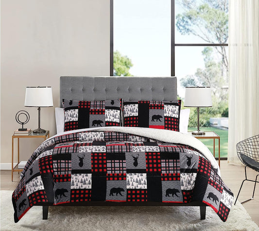 Woodland Patchwork Sherpa 3 Piece Comforter Set