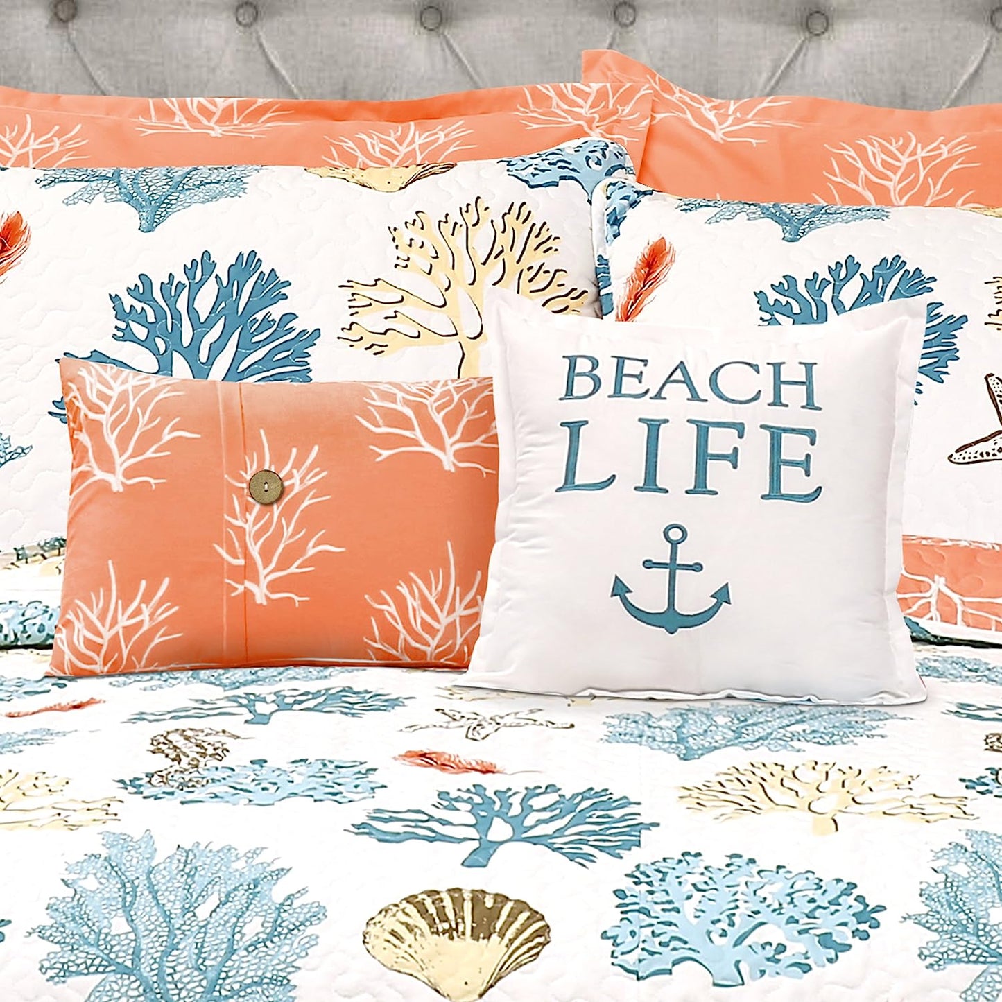 Costal Reef Blue & Coral 7 Piece Bedding Quilt Set