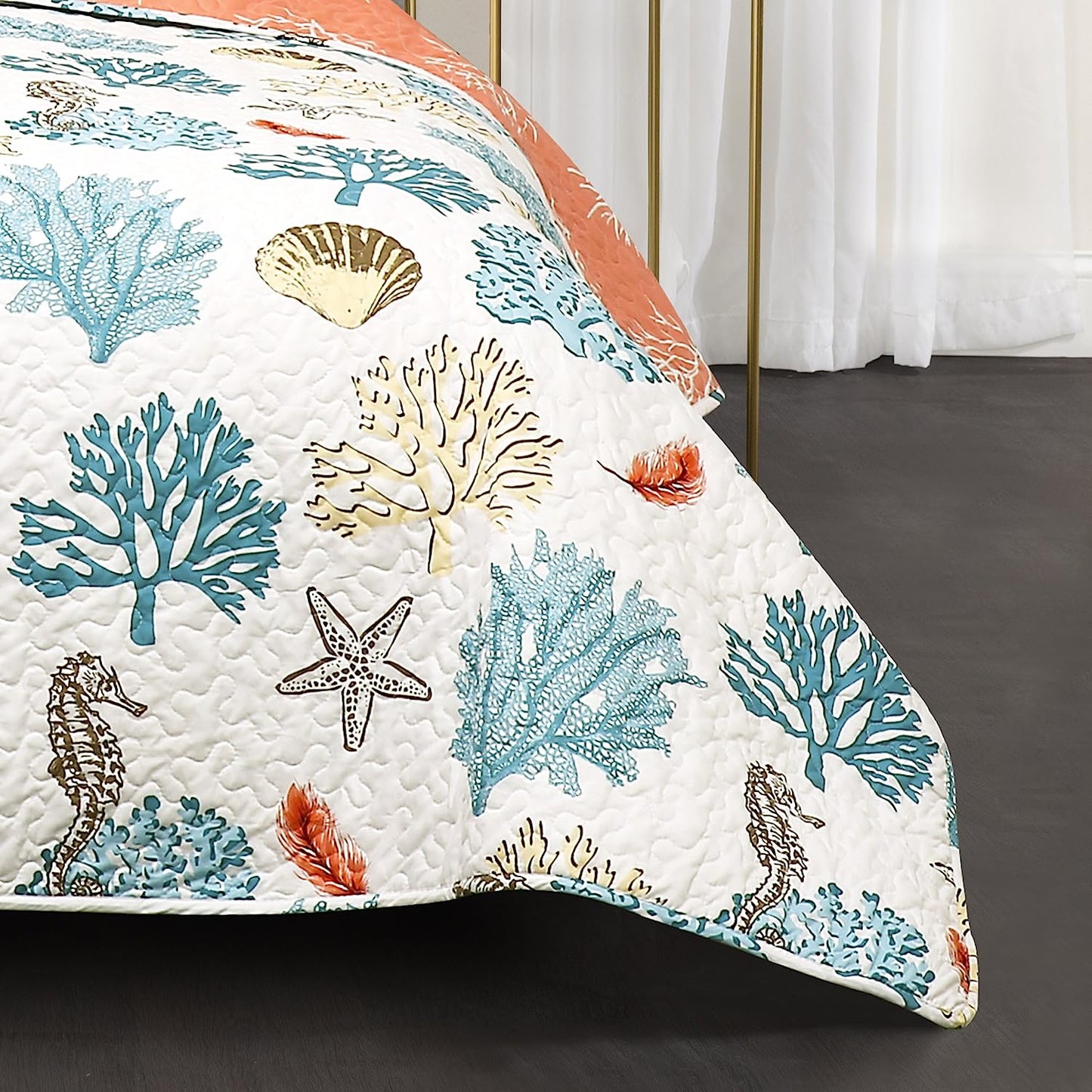 Costal Reef Blue & Coral 7 Piece Bedding Quilt Set