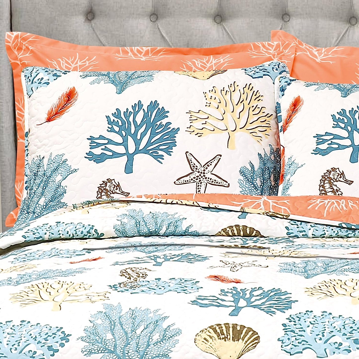 Costal Reef Blue & Coral 7 Piece Bedding Quilt Set