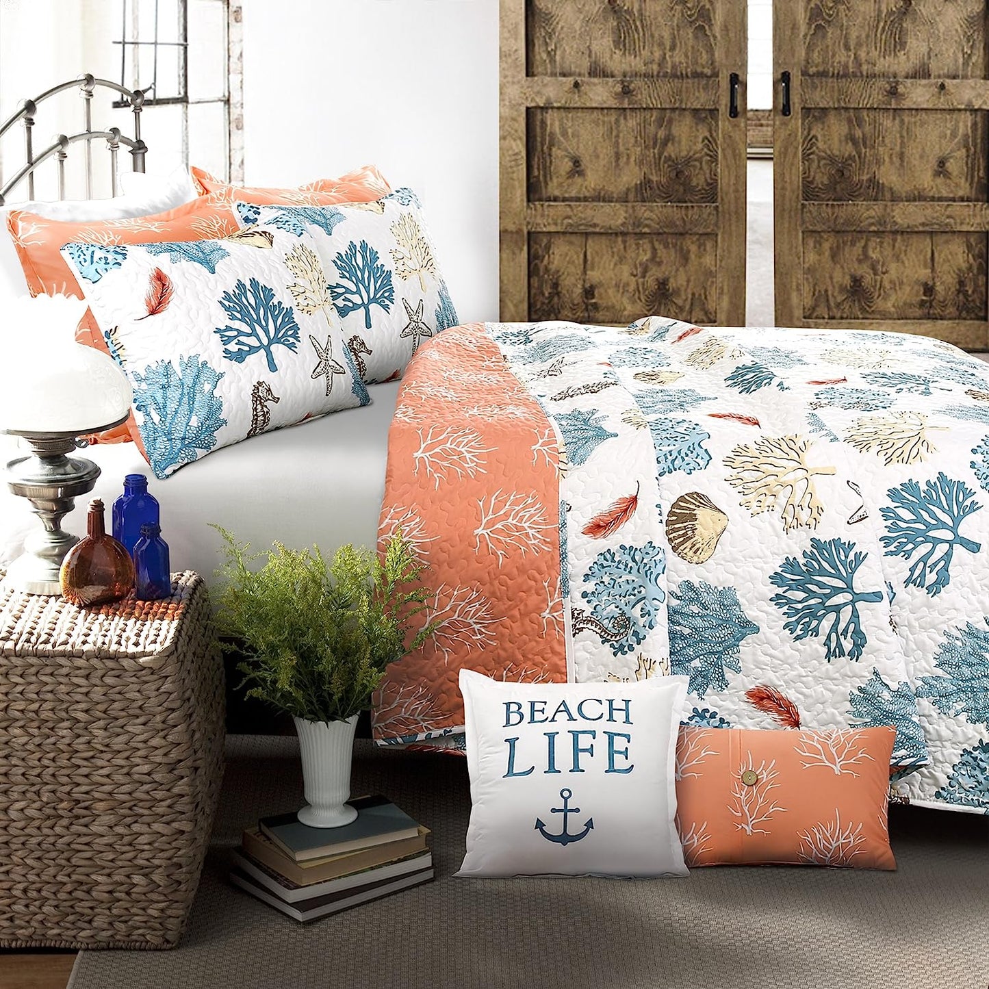 Costal Reef Blue & Coral 7 Piece Bedding Quilt Set