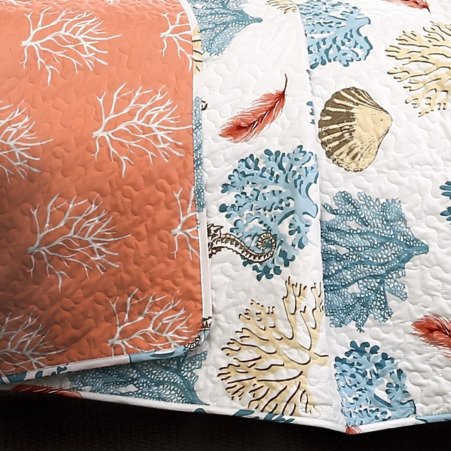 Costal Reef Blue & Coral 7 Piece Bedding Quilt Set