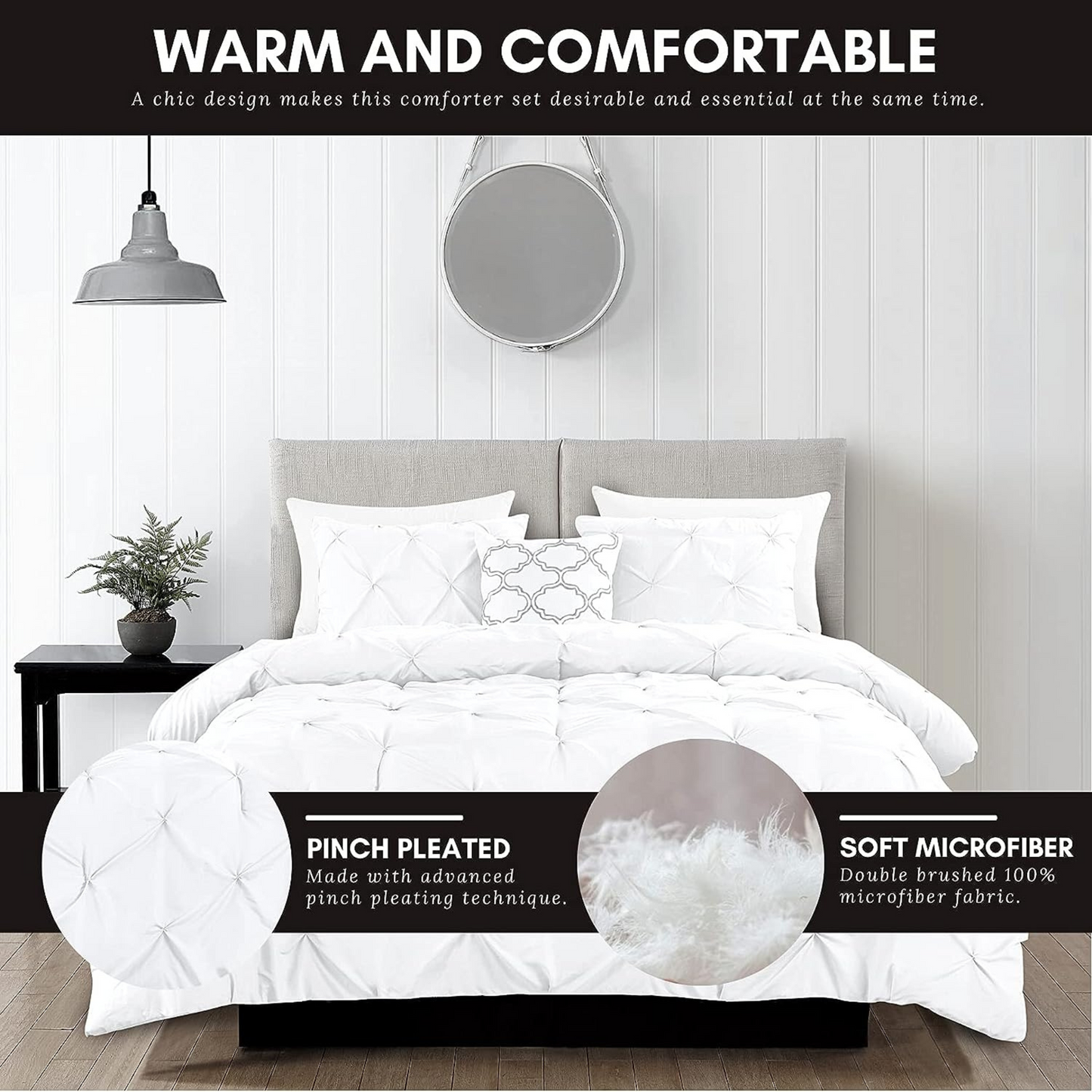 White Pinch Pleated 4 Piece Bedding Comforter Set