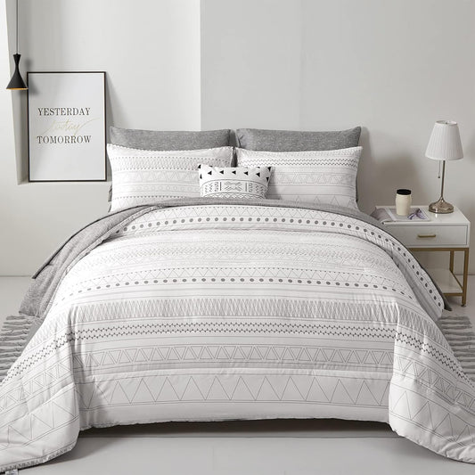 Boho Aztec White Grey 7 Piece Comforter Set