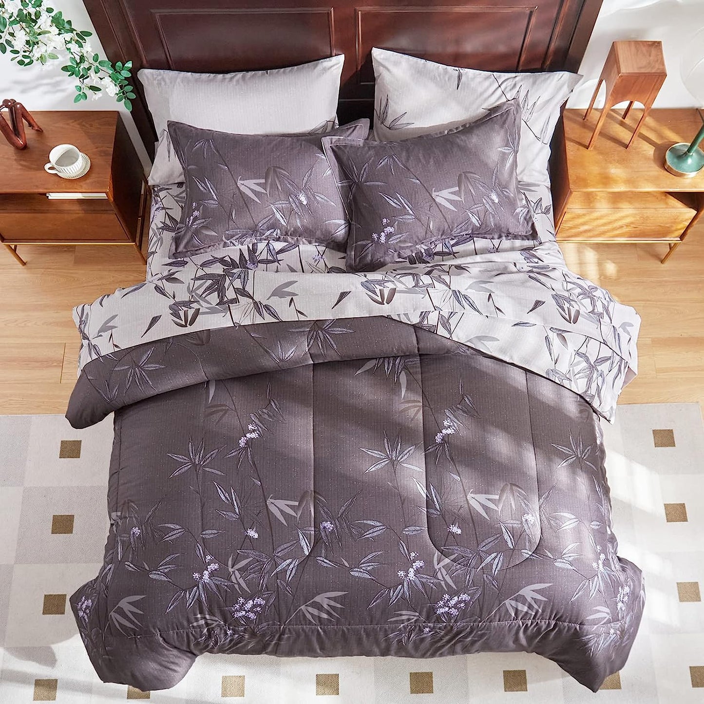 Botanical Black Leaves Reversible 7 Piece Comforter Set