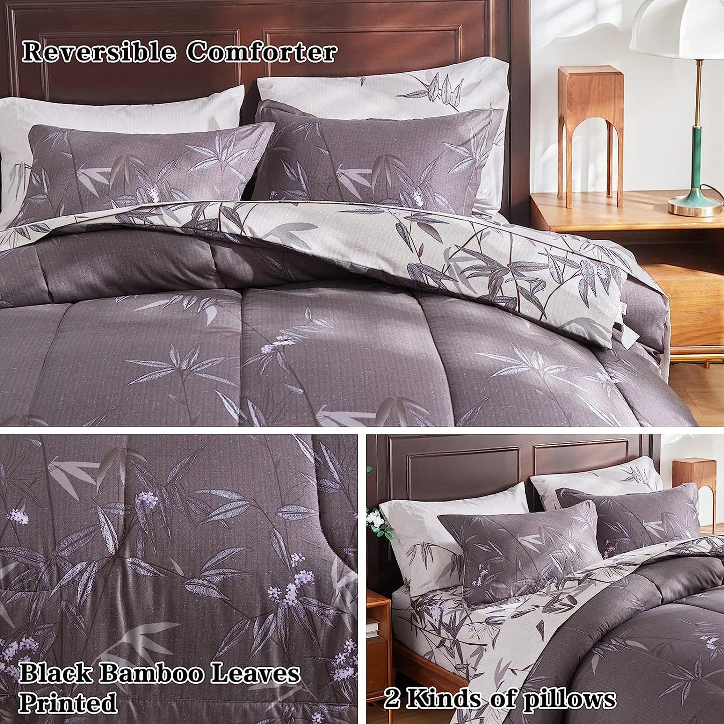 Botanical Black Leaves Reversible 7 Piece Comforter Set