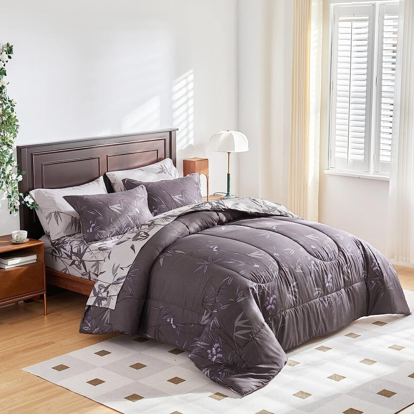 Botanical Black Leaves Reversible 7 Piece Comforter Set