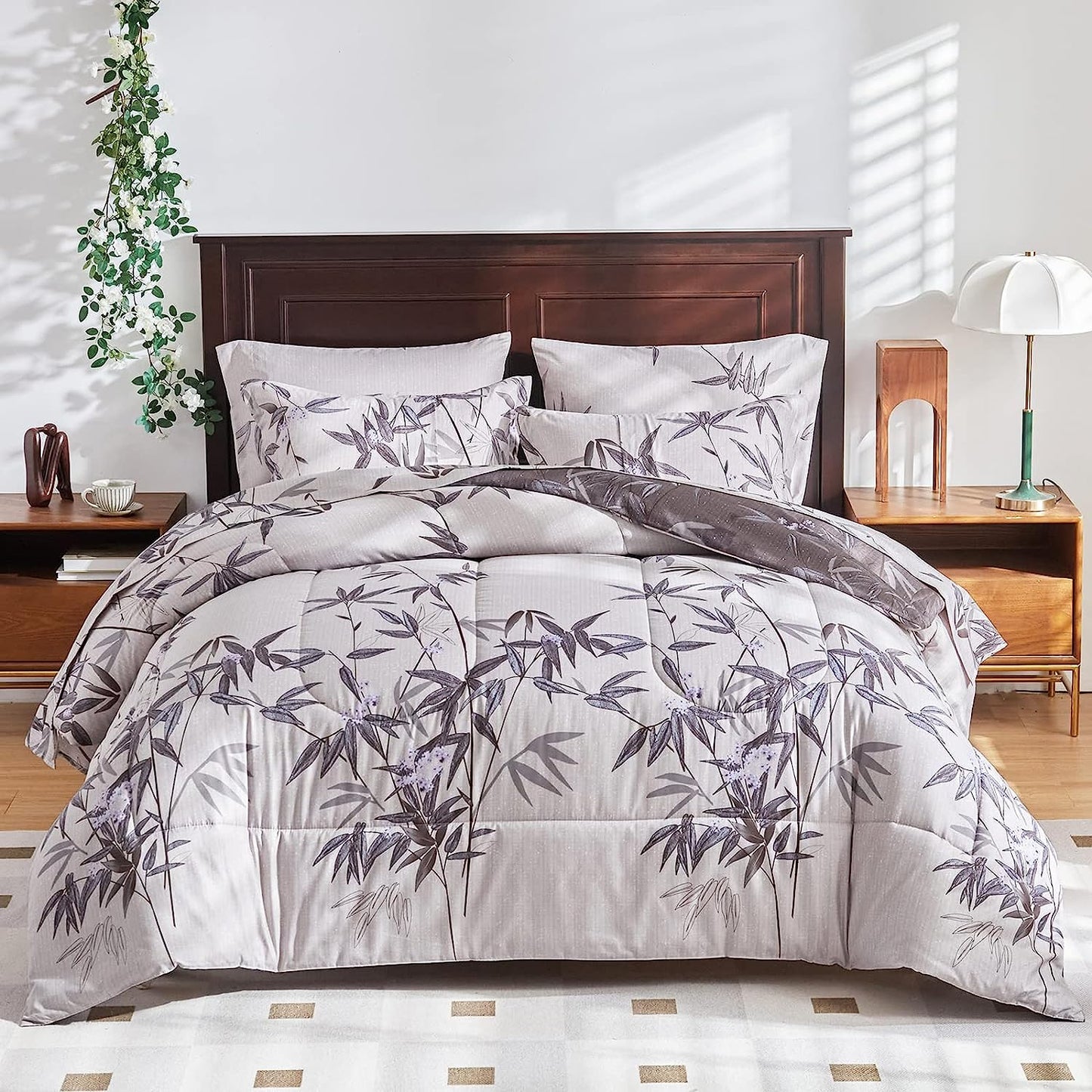 Botanical Black Leaves Reversible 7 Piece Comforter Set
