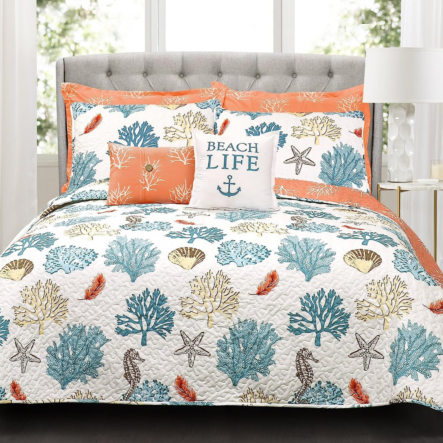 Costal Reef Blue & Coral 7 Piece Bedding Quilt Set