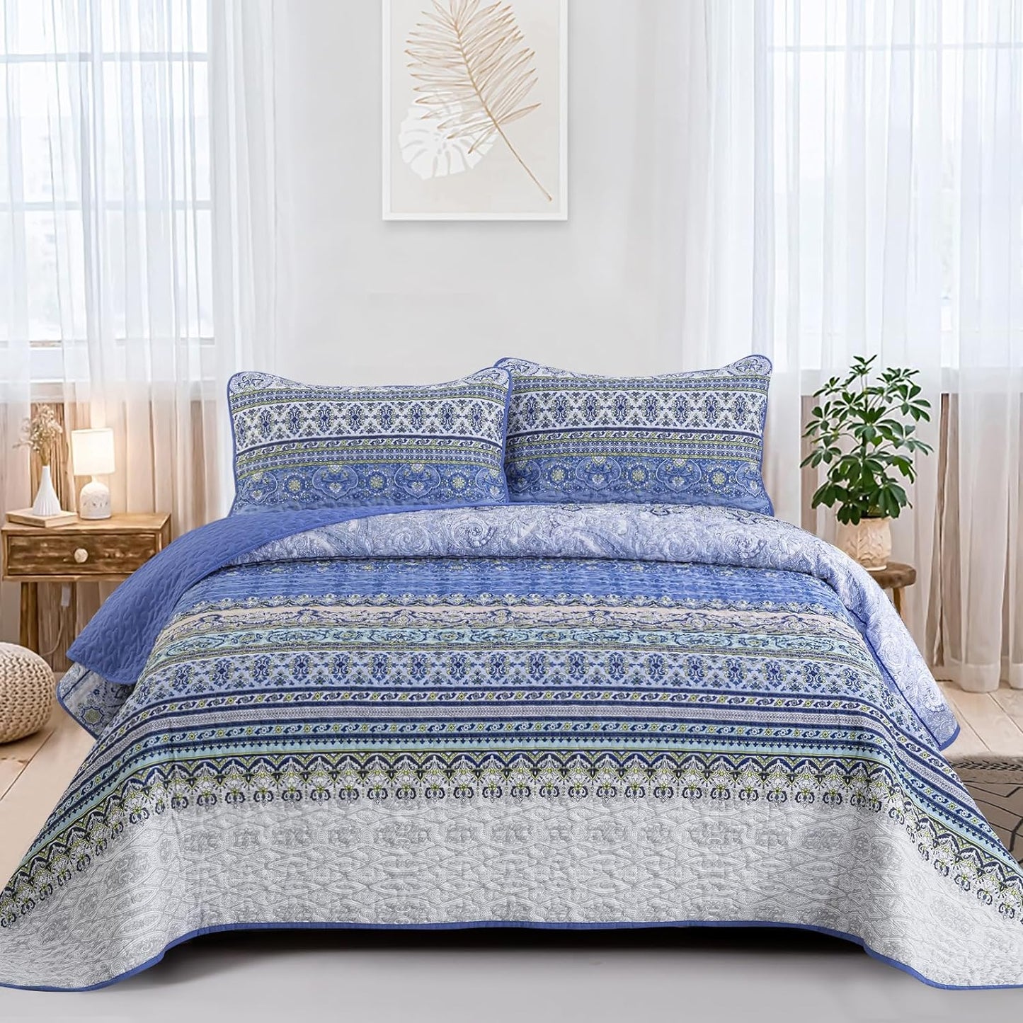 Bohemian Blue Reversible 3 Piece Bedding Quilt Set