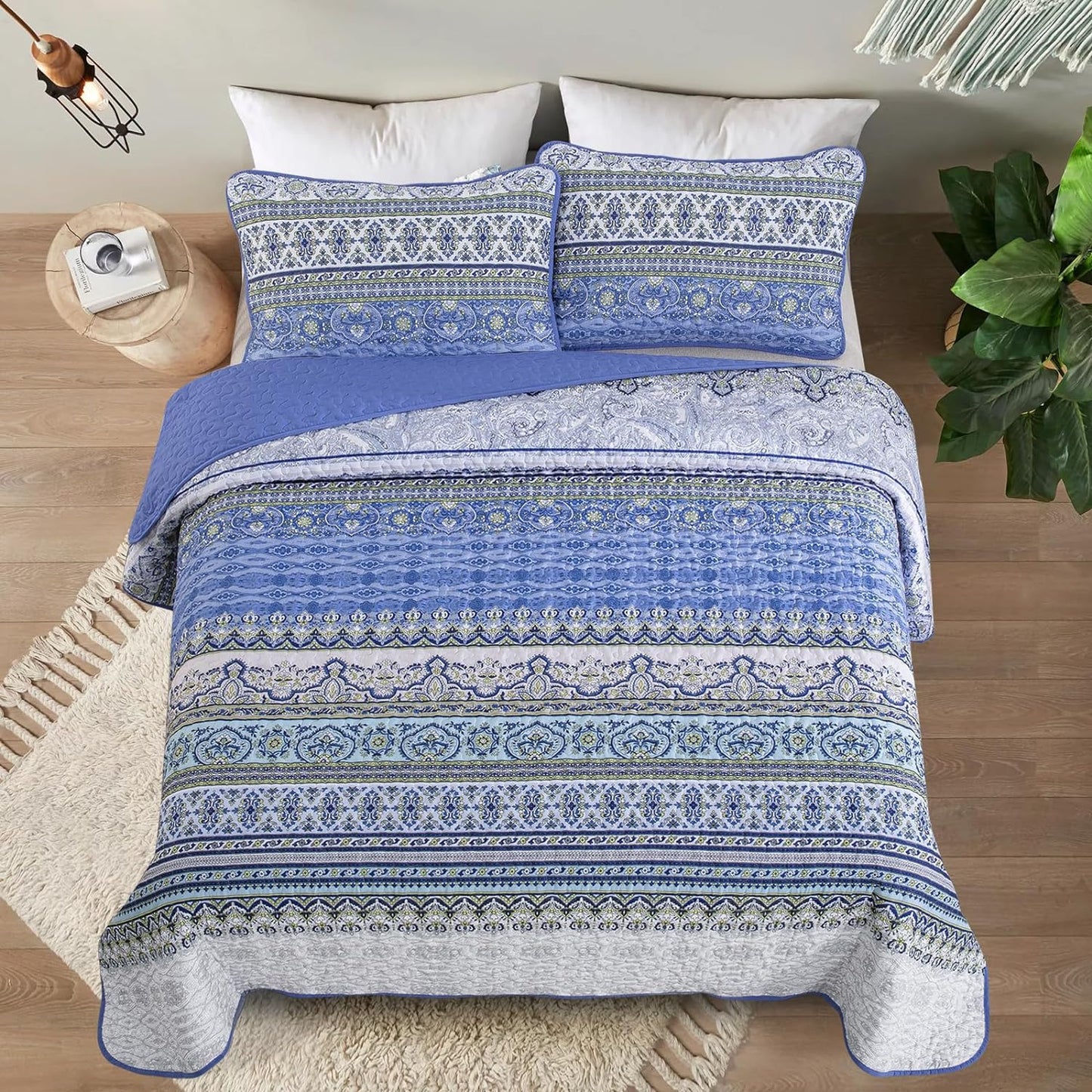Bohemian Blue Reversible 3 Piece Bedding Quilt Set