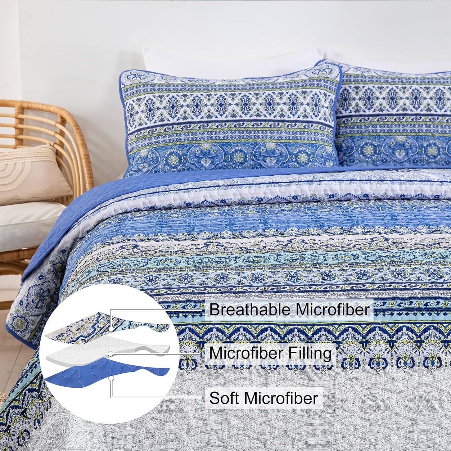 Bohemian Blue Reversible 3 Piece Bedding Quilt Set