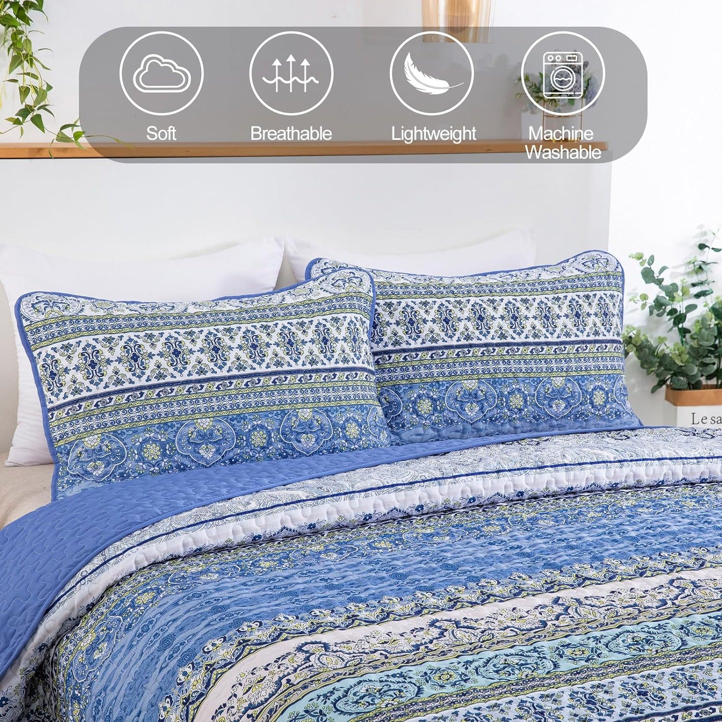 Bohemian Blue Reversible 3 Piece Bedding Quilt Set