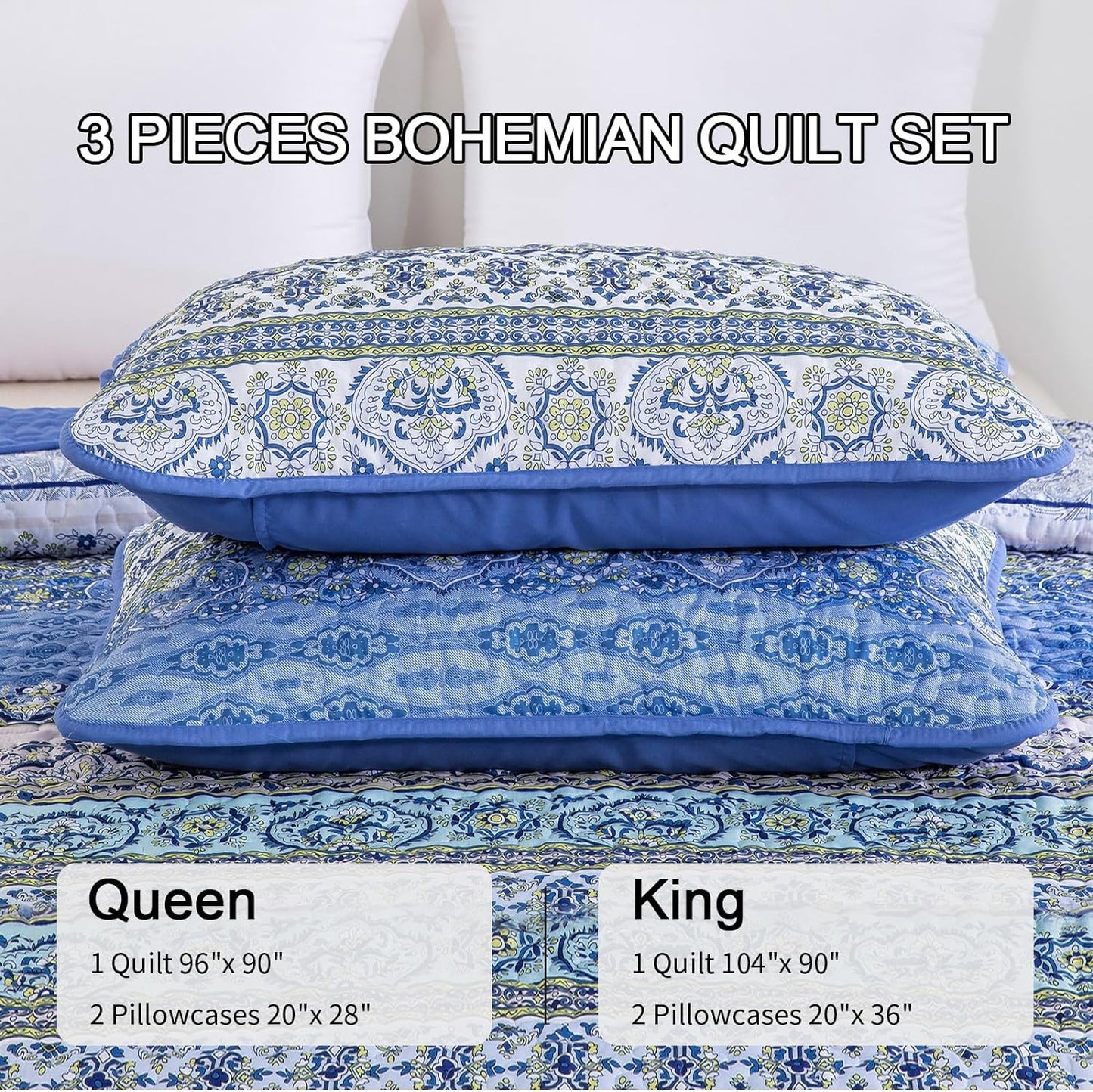 Bohemian Blue Reversible 3 Piece Bedding Quilt Set