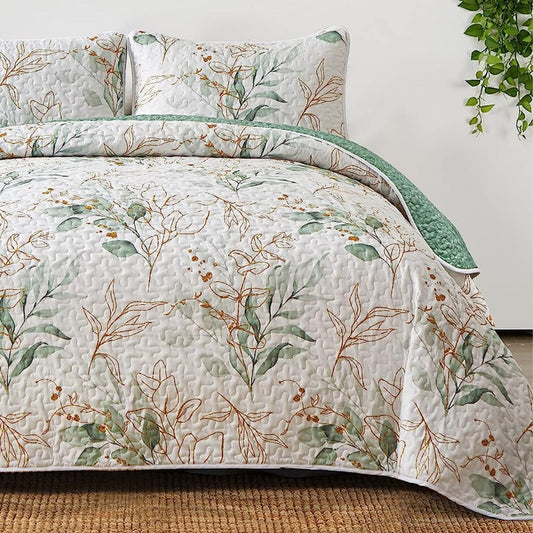 Botanical Green & Gold Leaves Reversible 3 Piece Bedding Quilt Set