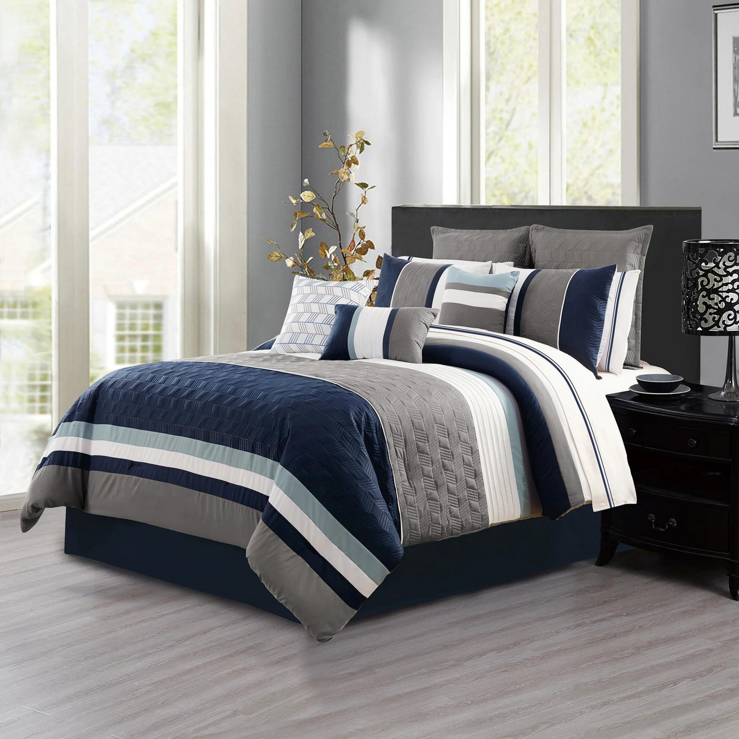 Blue Grey White Stripes 7 Piece Comforter Set