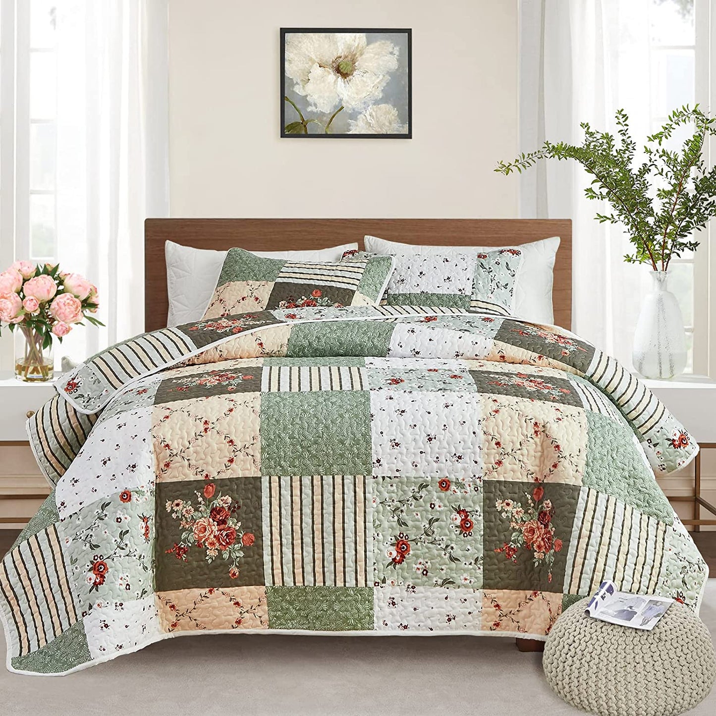 Green & Beige Floral Patchwork 3 Piece Bedding Quilt Set