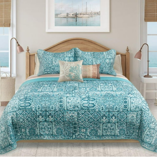 Blue Abstract Patchwork 3 Piece Bedding Quilt Set