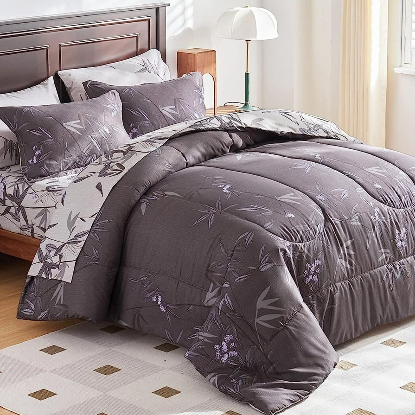 Botanical Black Leaves Reversible 7 Piece Comforter Set