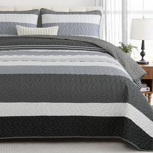 Boho Black & Grey Stripes 3 Piece Bedding Quilt Set