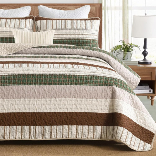 Boho Brown & Green Stripes 3 Piece Bedding Quilt Set